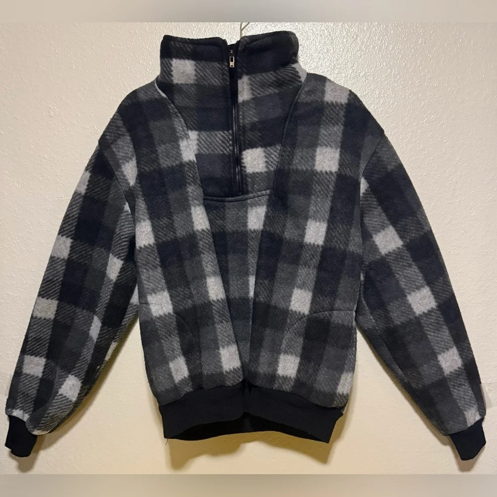 Women’s Black Gray Plaid Fleece Pullover | Mock Neck 3/4 Zip Jacket | Cozy | L - Picture 2 of 4